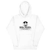 Load image into Gallery viewer, Hoja Negra Apparel Black Logo White Unisex Hoodie
